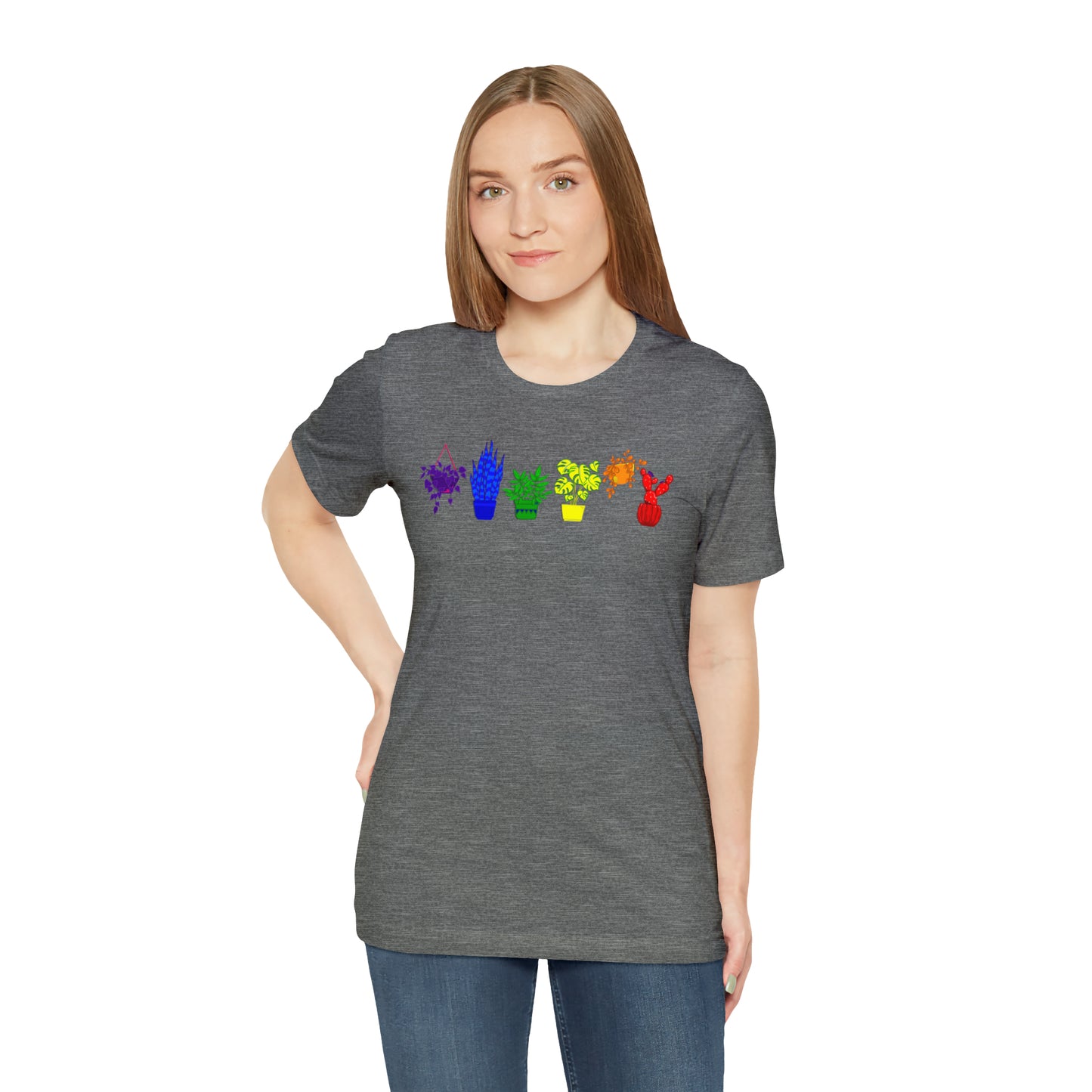 A t-shirt with a vibrant design of plants in the colors of the Pride rainbow.