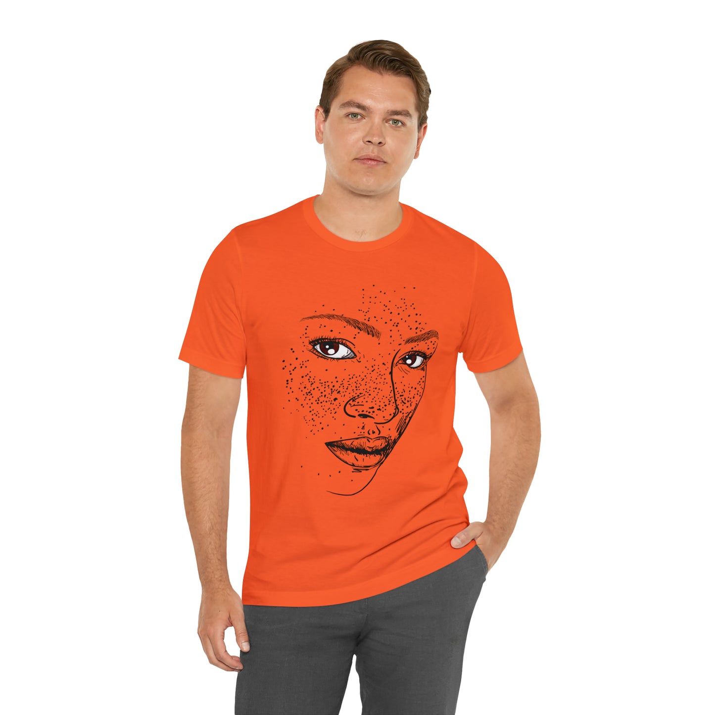 A person wearing a t-shirt with an illustration of a confident and empowered woman. The drawing depicts a woman with a sense of security, strength, and empowerment.