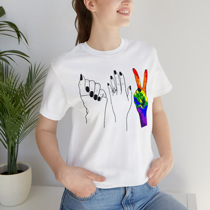 A stylish and playful t-shirt featuring unique line drawings of hands in the iconic shapes of rock, paper, and scissors.