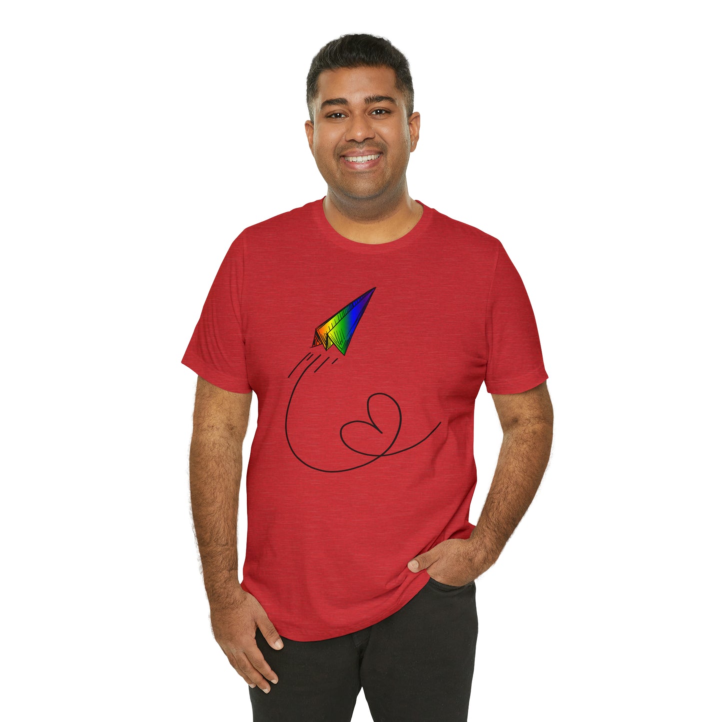 A vibrant t-shirt featuring a paper airplane design in the Pride rainbow colors. The rainbow colors symbolize LGBTQ+ pride and inclusivity.