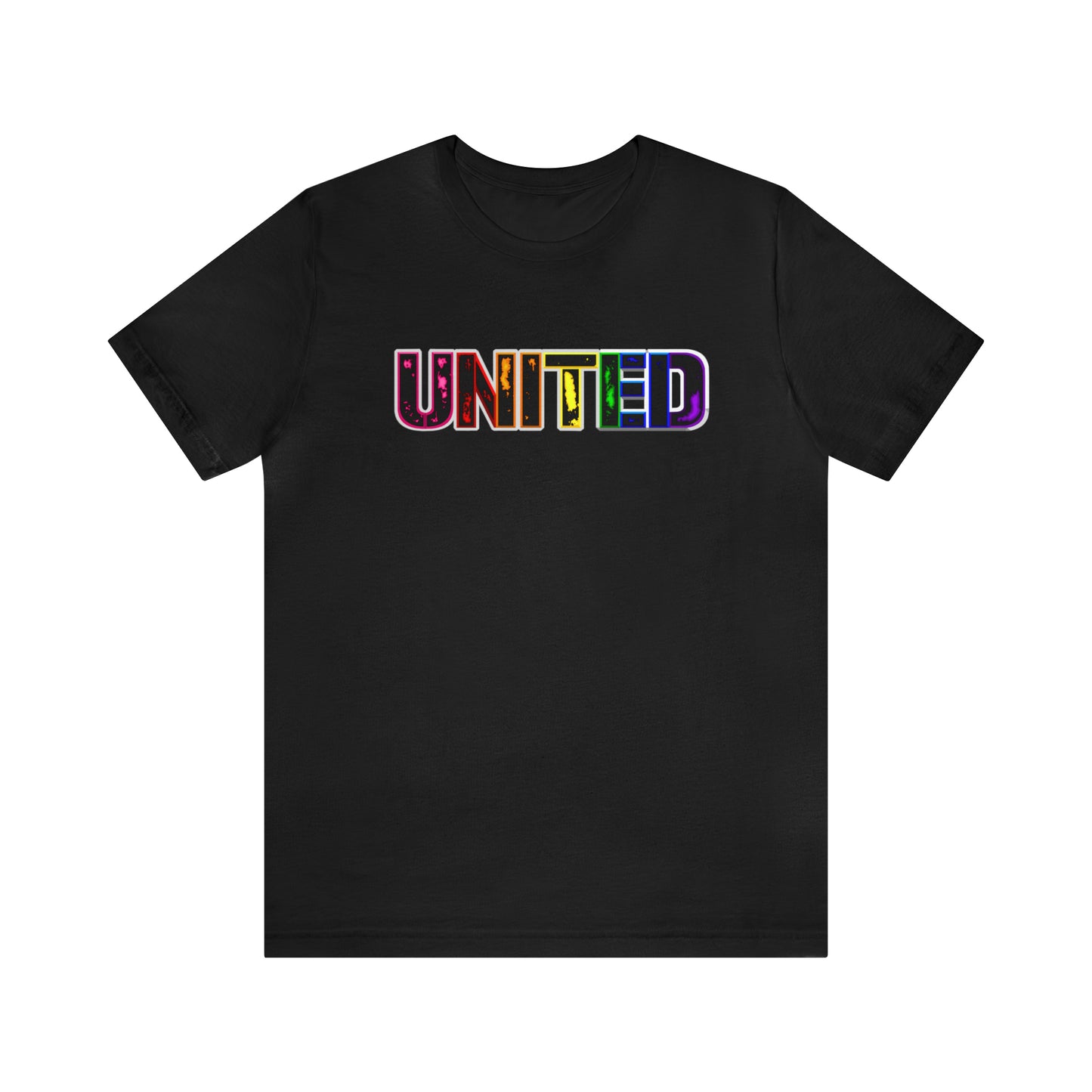 Image of a t-shirt with the word 'UNITED' printed on it in vibrant Pride rainbow colors, symbolizing unity, love, and inclusivity."