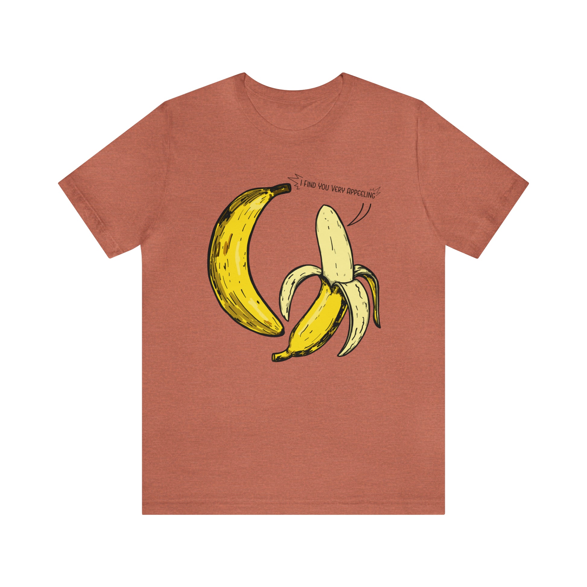 T-shirt product featuring two bananas with the pun 'I find you very appealing'. Get ready to go bananas with this hilarious design that is sure to make everyone smile. Perfect for those who appreciate a good pun and love to showcase their fun-loving personality. Grab this t-shirt and let the laughter begin! 