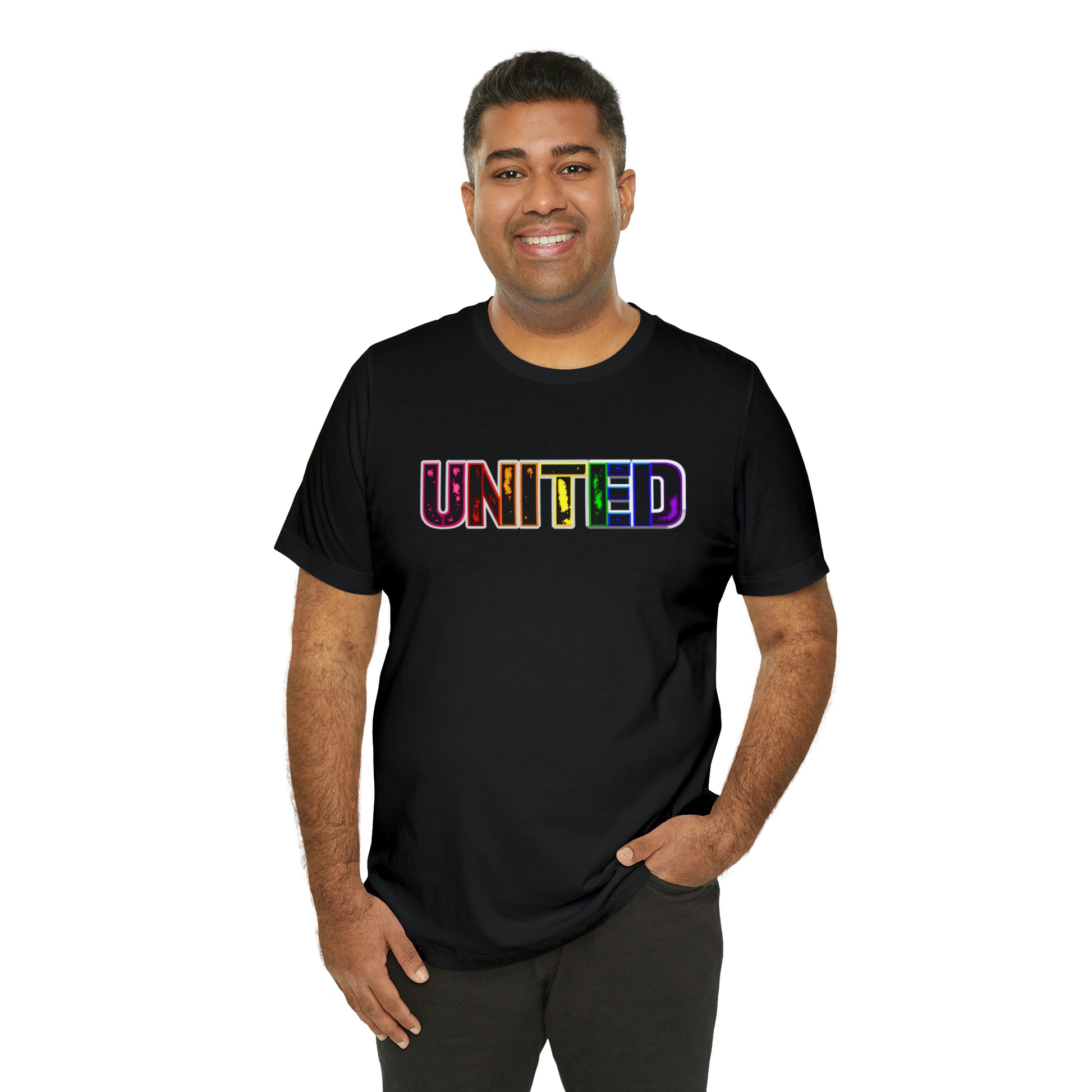 Image of a t-shirt with the word 'UNITED' printed on it in vibrant Pride rainbow colors, symbolizing unity, love, and inclusivity."