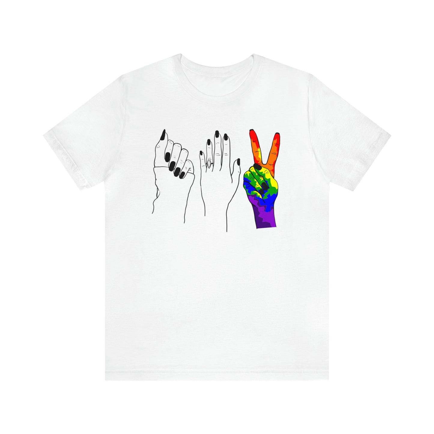 A stylish and playful t-shirt featuring unique line drawings of hands in the iconic shapes of rock, paper, and scissors.