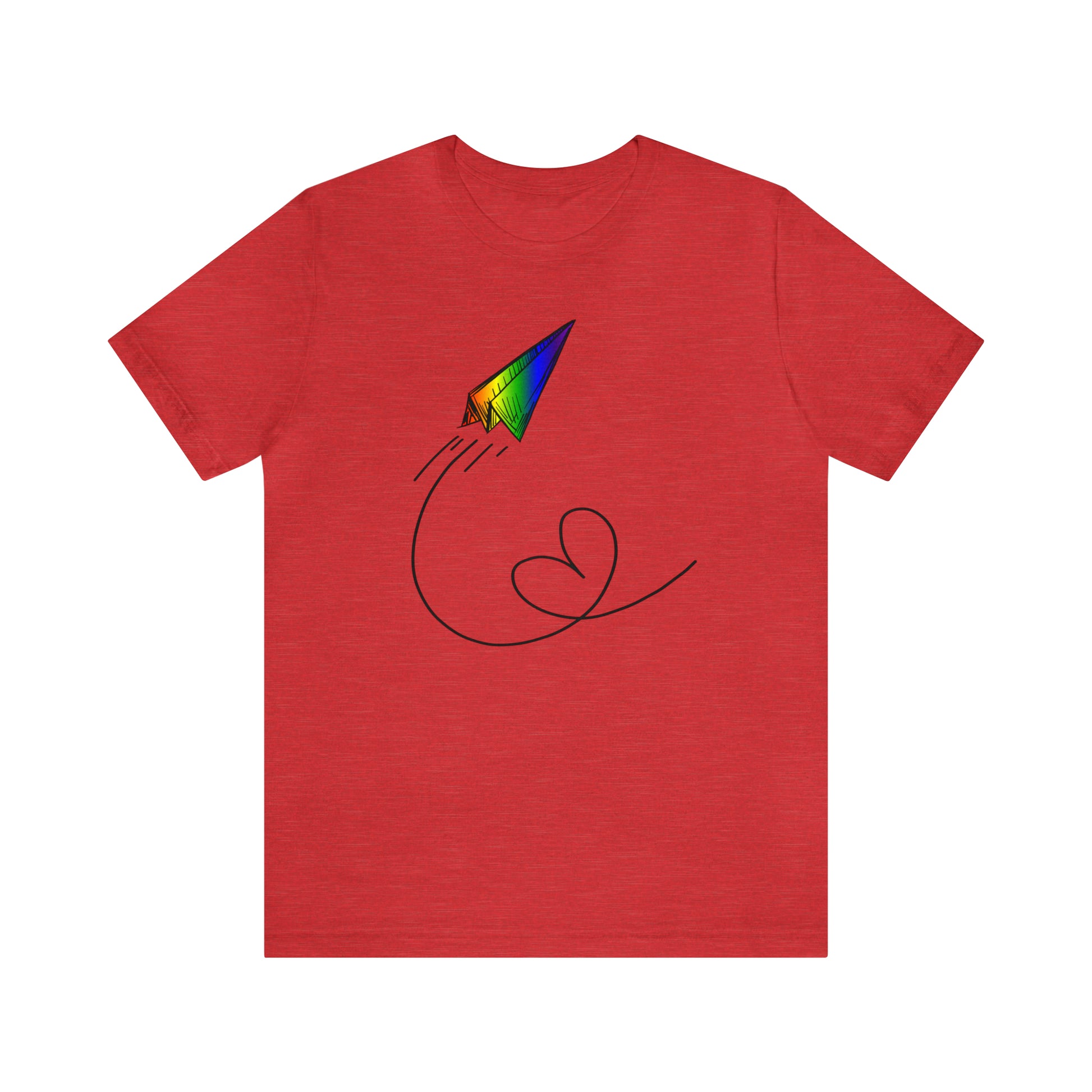 A vibrant t-shirt featuring a paper airplane design in the Pride rainbow colors. The rainbow colors symbolize LGBTQ+ pride and inclusivity.