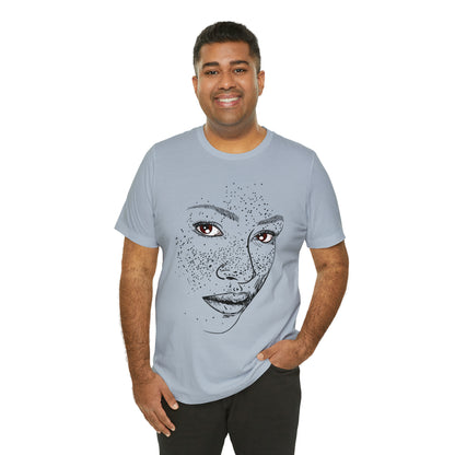 A person wearing a t-shirt with an illustration of a confident and empowered woman. The drawing depicts a woman with a sense of security, strength, and empowerment.