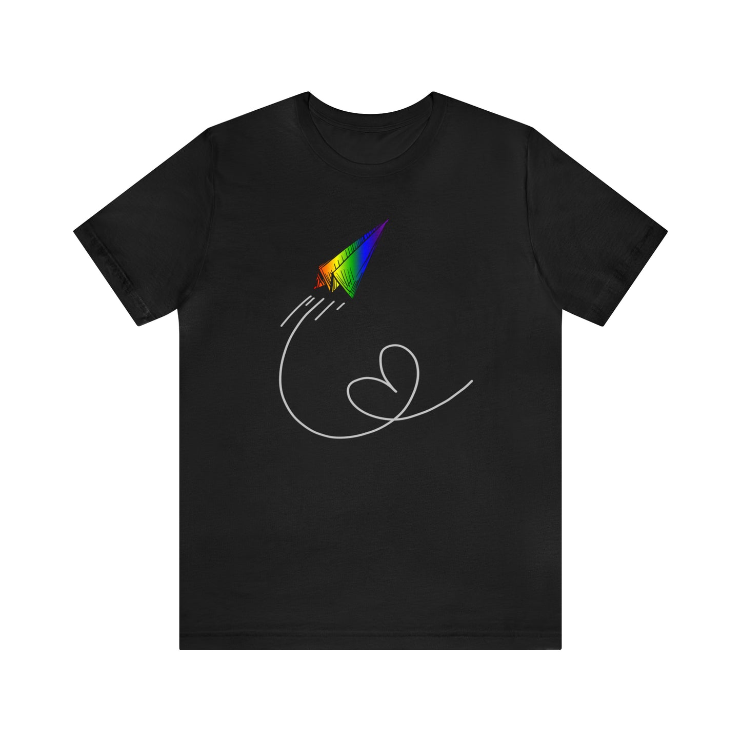 A vibrant t-shirt featuring a paper airplane design in the Pride rainbow colors. The rainbow colors symbolize LGBTQ+ pride and inclusivity.