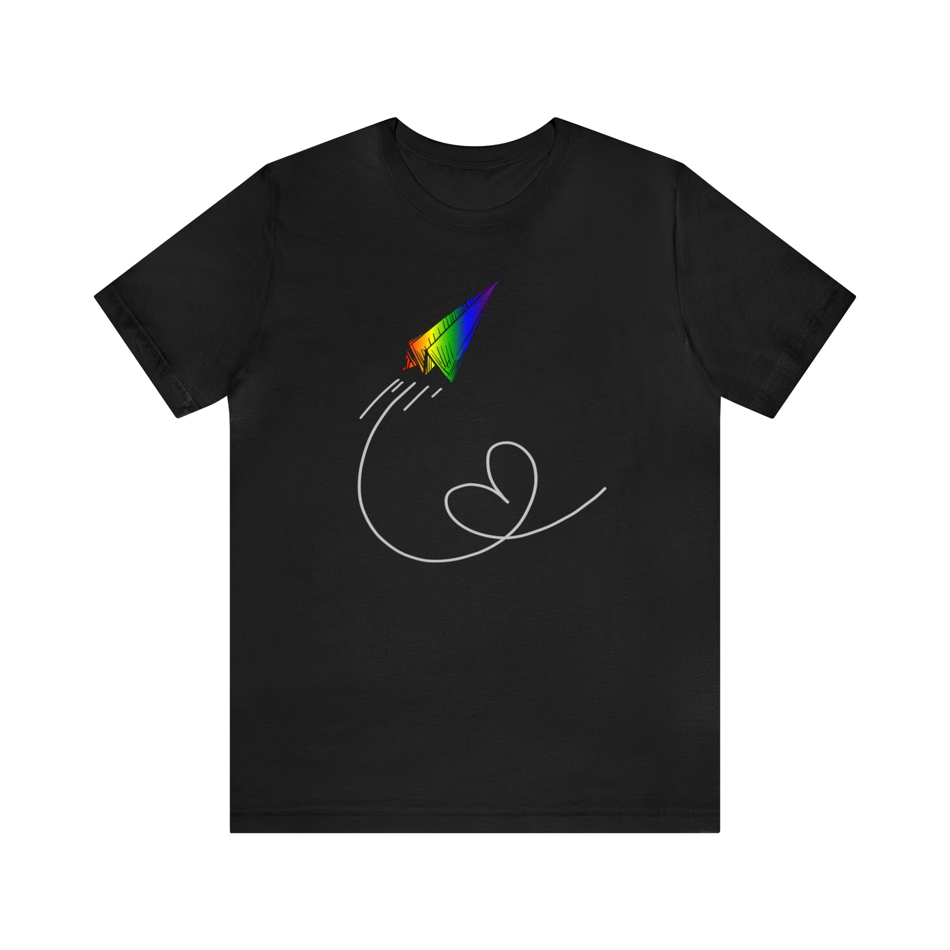 A vibrant t-shirt featuring a paper airplane design in the Pride rainbow colors. The rainbow colors symbolize LGBTQ+ pride and inclusivity.