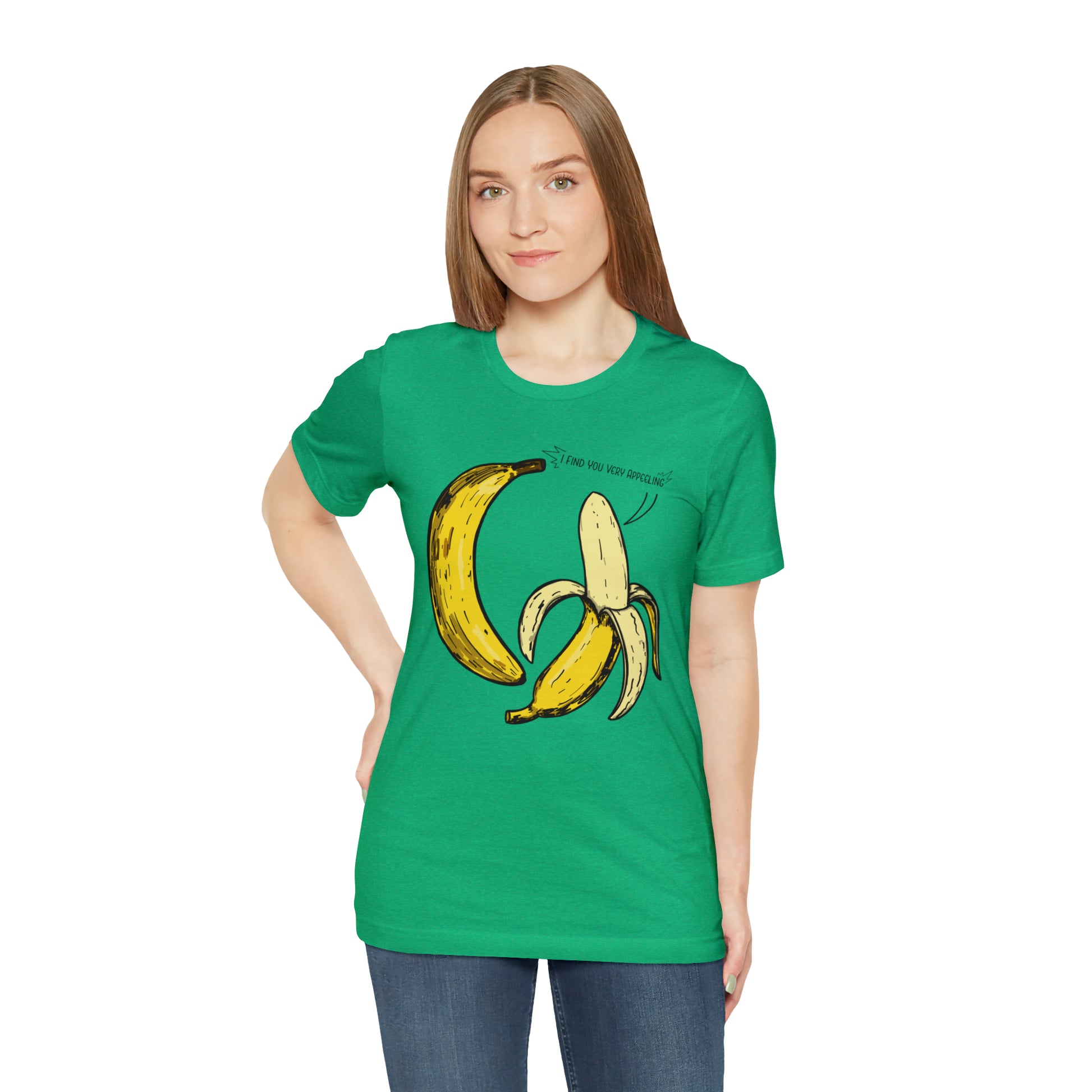 T-shirt product featuring two bananas with the pun 'I find you very appealing'. Get ready to go bananas with this hilarious design that is sure to make everyone smile.