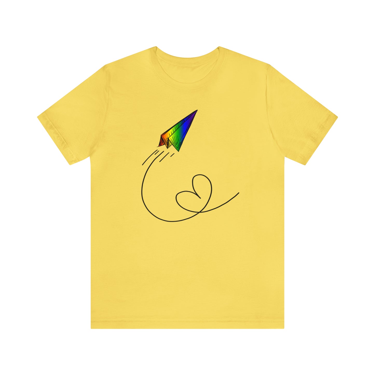 A vibrant t-shirt featuring a paper airplane design in the Pride rainbow colors. The rainbow colors symbolize LGBTQ+ pride and inclusivity.