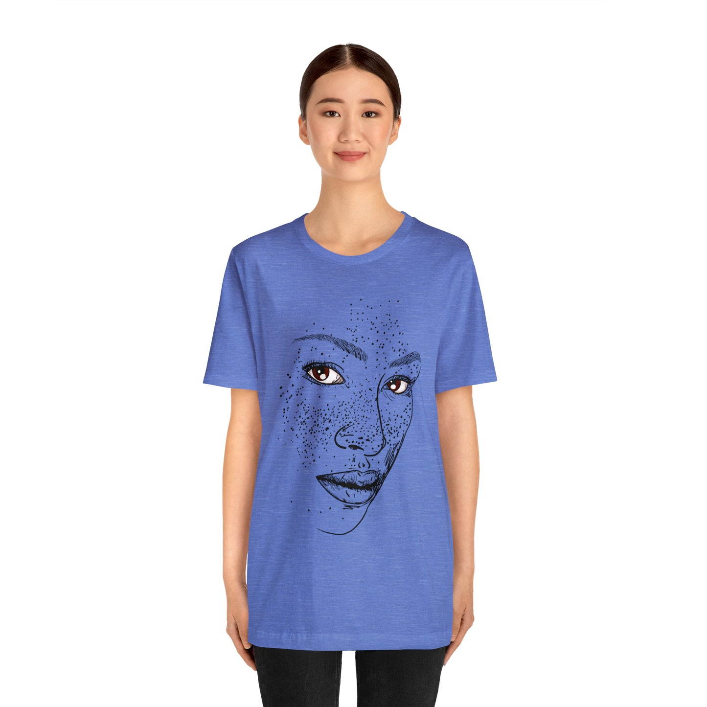 A person wearing a t-shirt with an illustration of a confident and empowered woman. The drawing depicts a woman with a sense of security, strength, and empowerment.