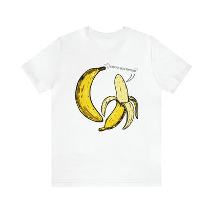 T-shirt product featuring two bananas with the pun 'I find you very appealing'. Get ready to go bananas with this hilarious design that is sure to make everyone smile. Perfect for those who appreciate a good pun and love to showcase their fun-loving personality. Grab this t-shirt and let the laughter begin! 