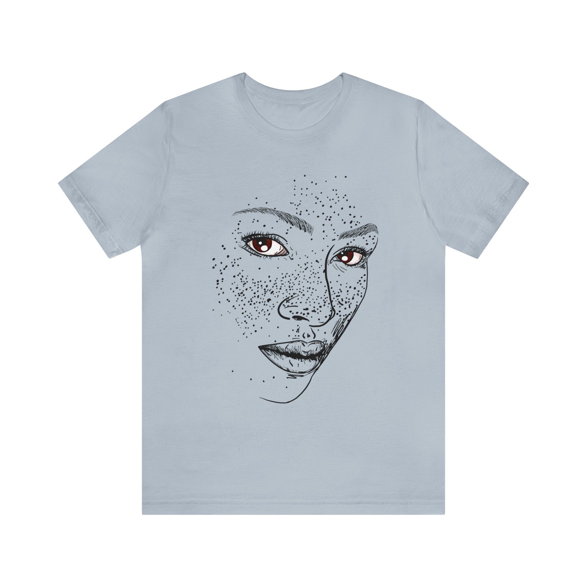 A person wearing a t-shirt with an illustration of a confident and empowered woman. The drawing depicts a woman with a sense of security, strength, and empowerment.