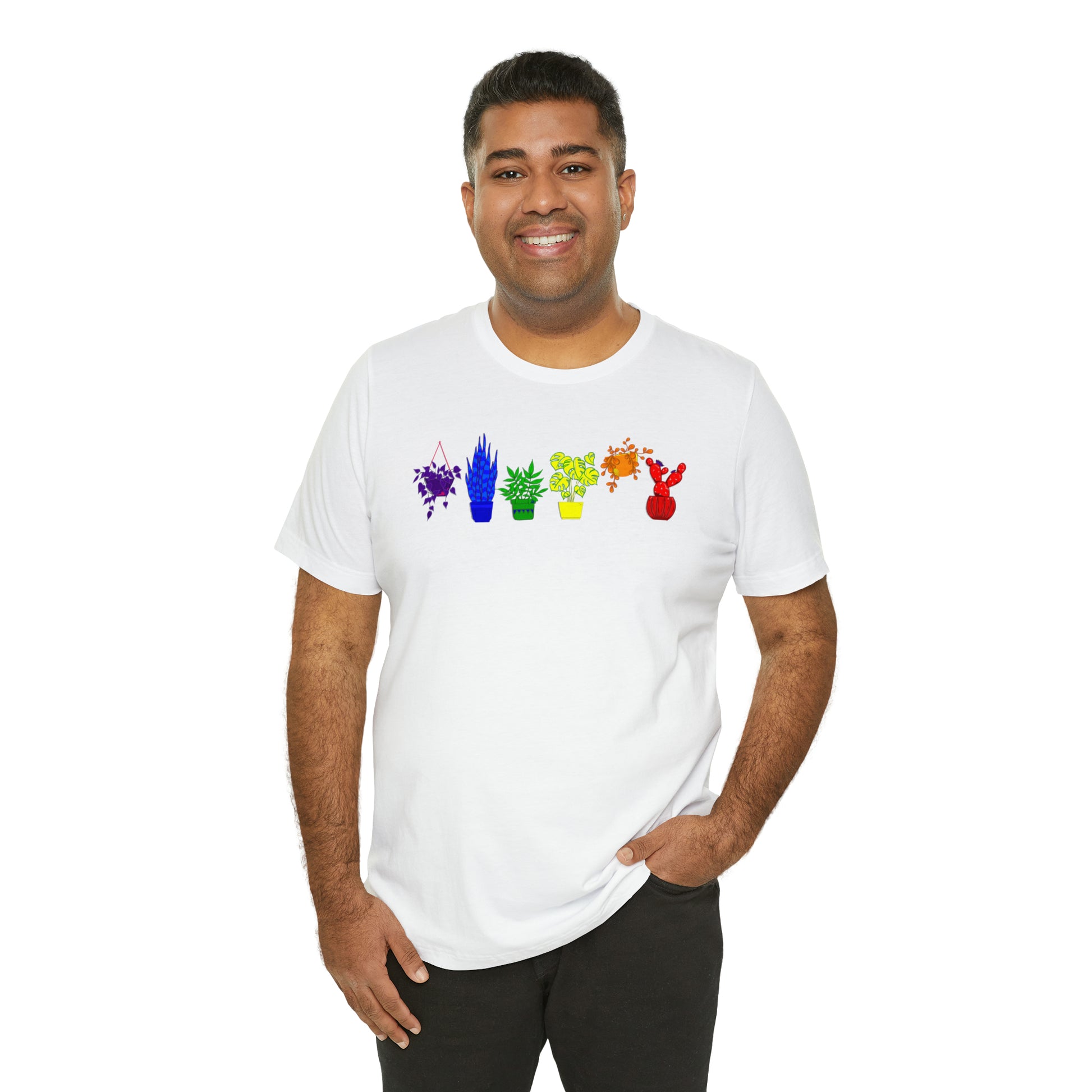 A t-shirt with a vibrant design of plants in the colors of the Pride rainbow.