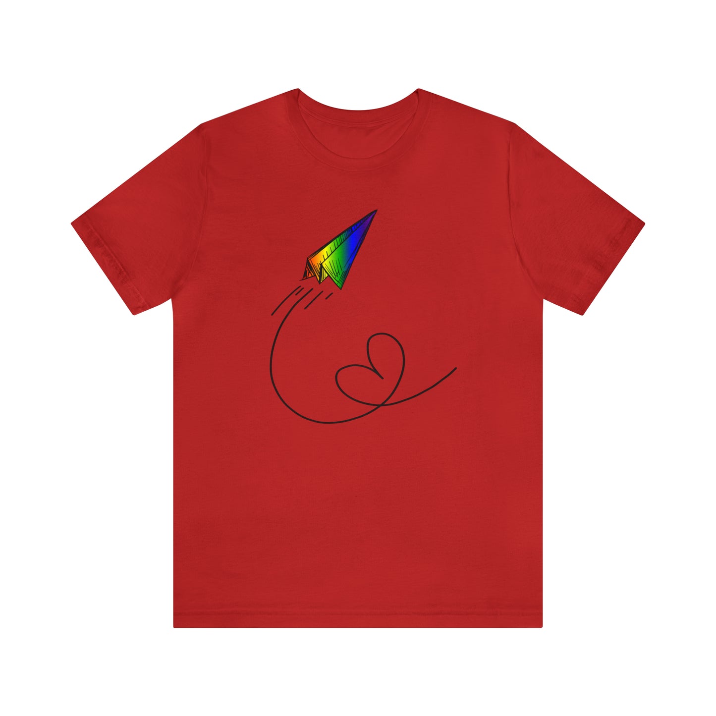 A vibrant t-shirt featuring a paper airplane design in the Pride rainbow colors. The rainbow colors symbolize LGBTQ+ pride and inclusivity.