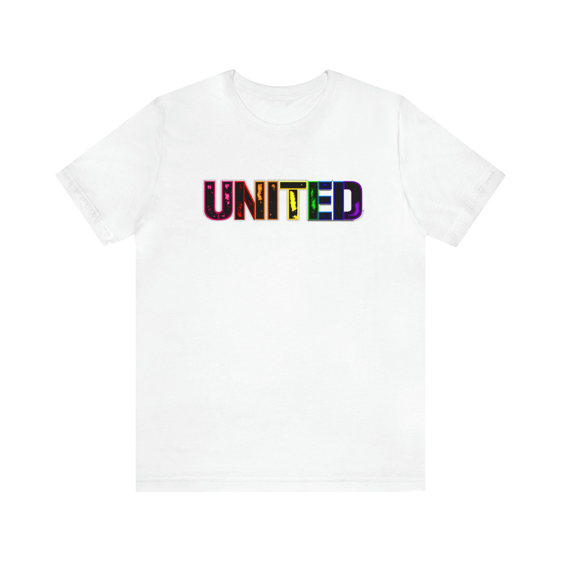 Image of a t-shirt with the word 'UNITED' printed on it in vibrant Pride rainbow colors, symbolizing unity, love, and inclusivity."