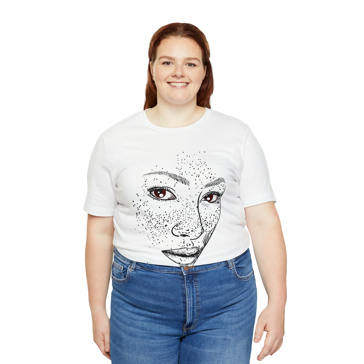 A person wearing a t-shirt with an illustration of a confident and empowered woman. The drawing depicts a woman with a sense of security, strength, and empowerment.