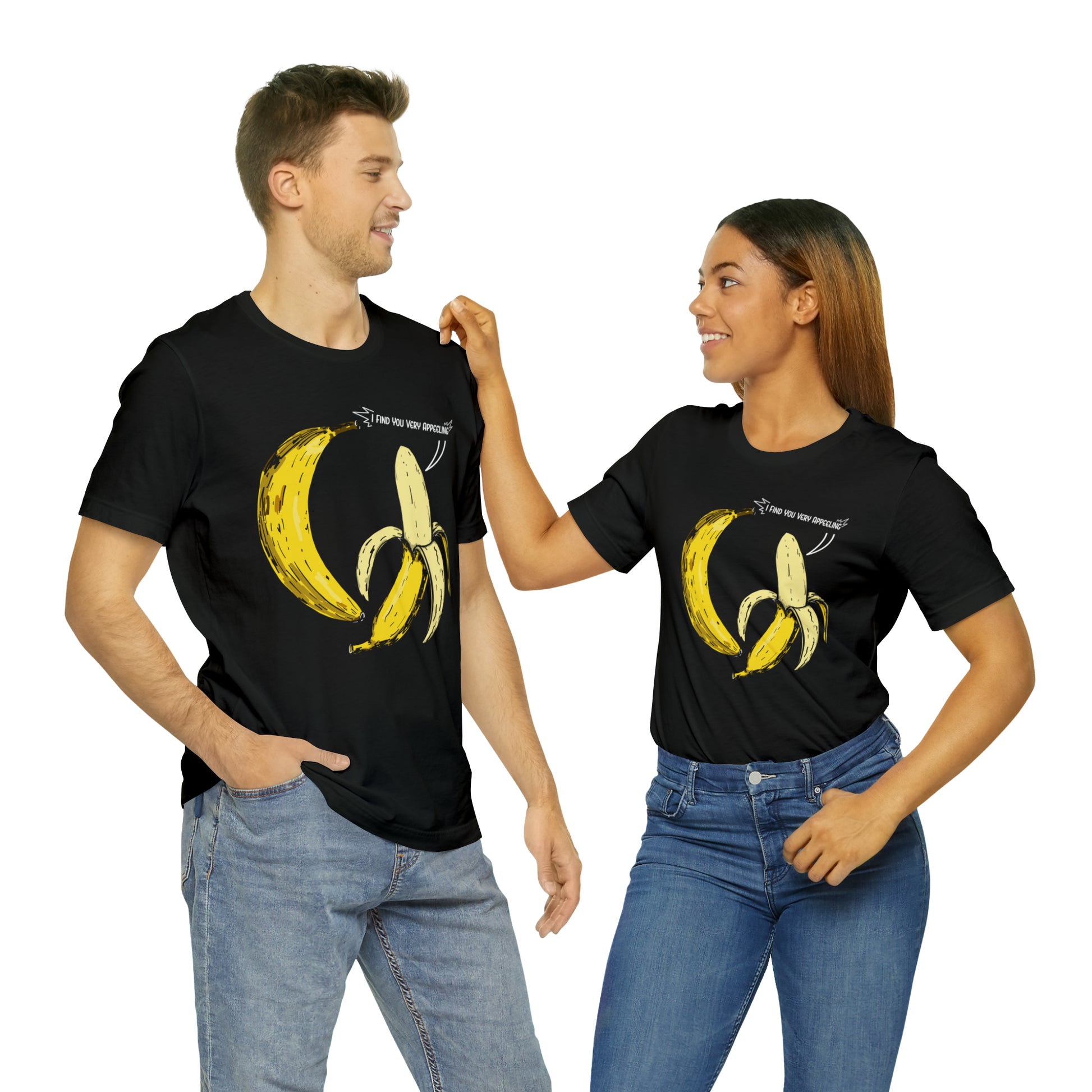 T-shirt product featuring two bananas with the pun 'I find you very appealing'. Get ready to go bananas with this hilarious design that is sure to make everyone smile.