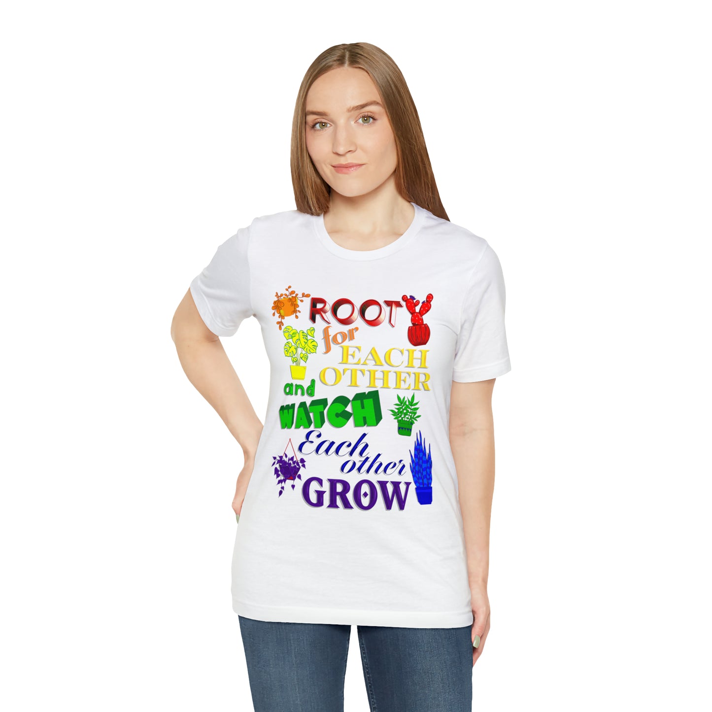 A vibrant t-shirt featuring a beautiful design of rainbow-colored plants. The phrase 'Root for each other and watch each other grow' is prominently displayed on the shirt. The design represents unity, support, and personal growth.