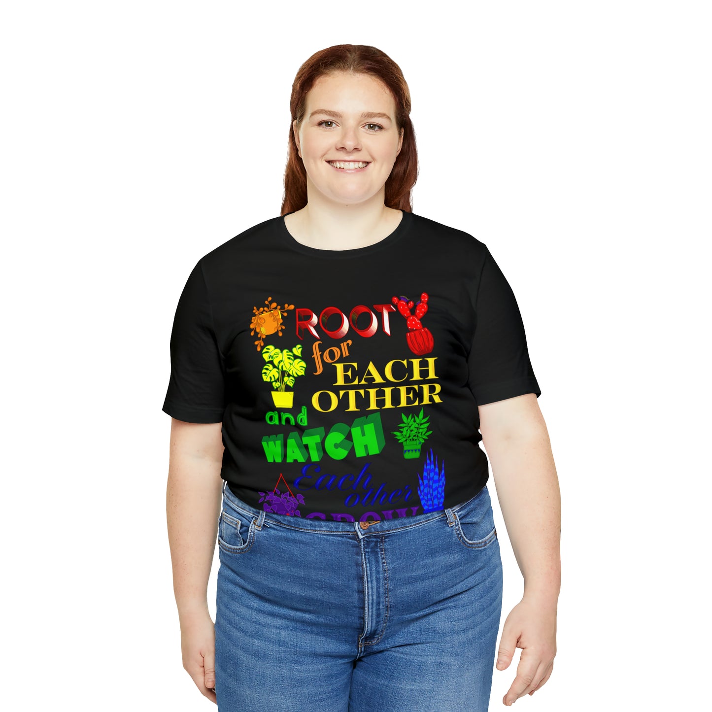 A vibrant t-shirt featuring a beautiful design of rainbow-colored plants. The phrase 'Root for each other and watch each other grow' is prominently displayed on the shirt. The design represents unity, support, and personal growth.