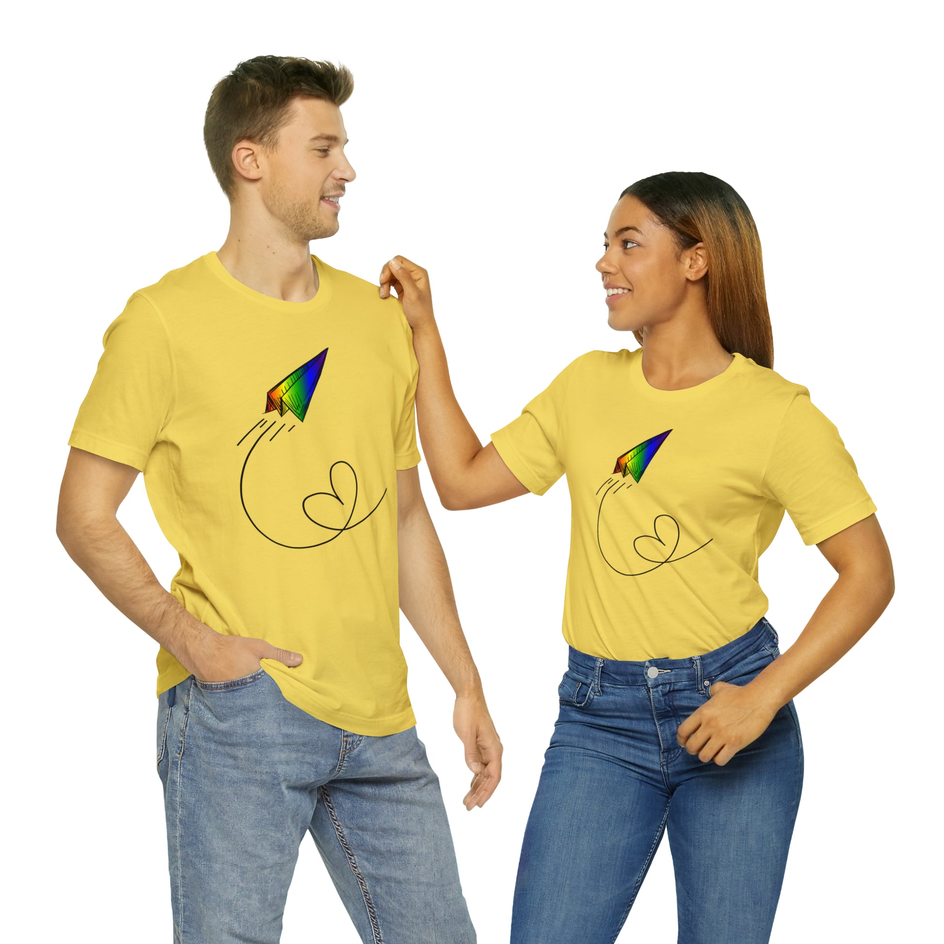 A vibrant t-shirt featuring a paper airplane design in the Pride rainbow colors. The rainbow colors symbolize LGBTQ+ pride and inclusivity.