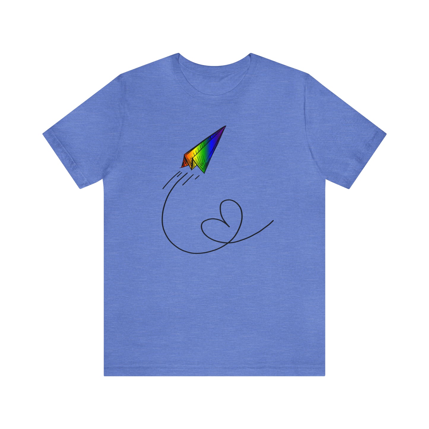 A vibrant t-shirt featuring a paper airplane design in the Pride rainbow colors. The rainbow colors symbolize LGBTQ+ pride and inclusivity.