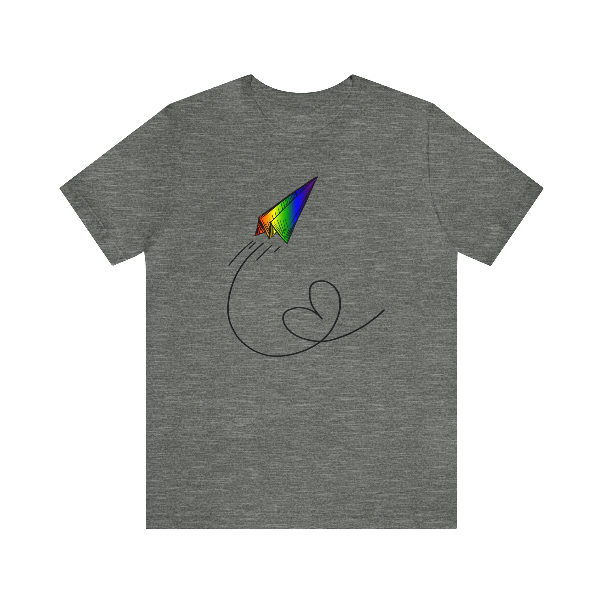 A vibrant t-shirt featuring a paper airplane design in the Pride rainbow colors. The rainbow colors symbolize LGBTQ+ pride and inclusivity.