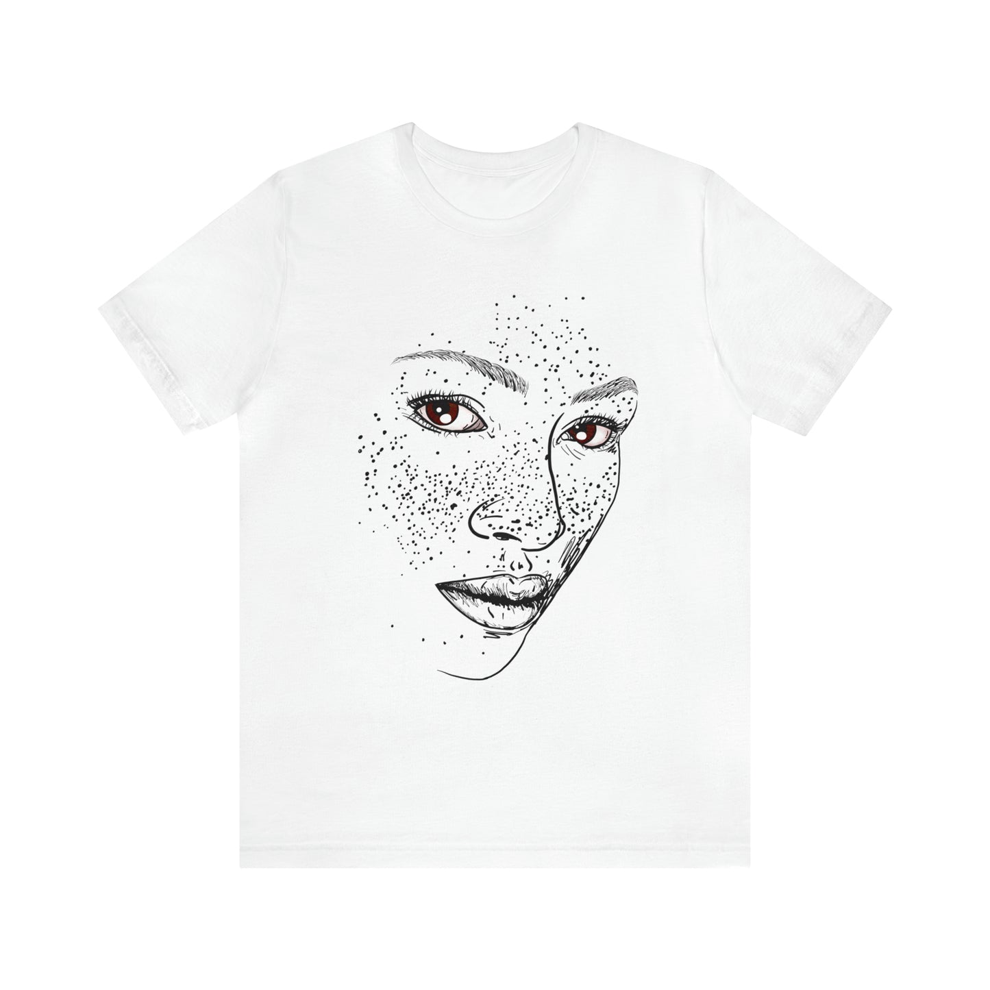 A person wearing a t-shirt with an illustration of a confident and empowered woman. The drawing depicts a woman with a sense of security, strength, and empowerment.