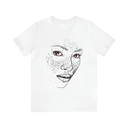 A person wearing a t-shirt with an illustration of a confident and empowered woman. The drawing depicts a woman with a sense of security, strength, and empowerment.