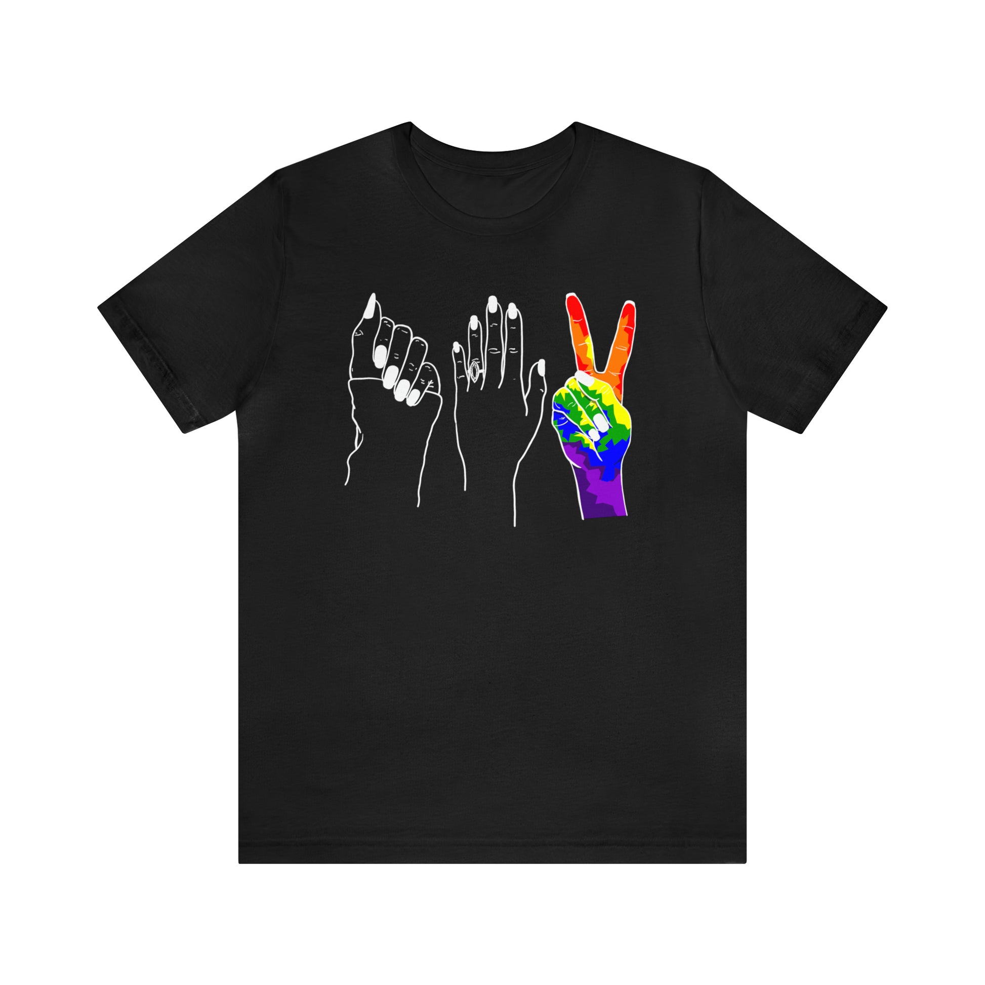 A stylish and playful t-shirt featuring unique line drawings of hands in the iconic shapes of rock, paper, and scissors.