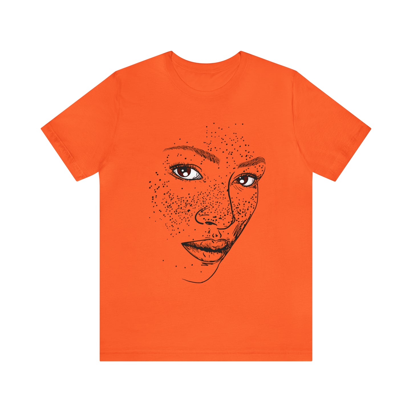 A person wearing a t-shirt with an illustration of a confident and empowered woman. The drawing depicts a woman with a sense of security, strength, and empowerment.