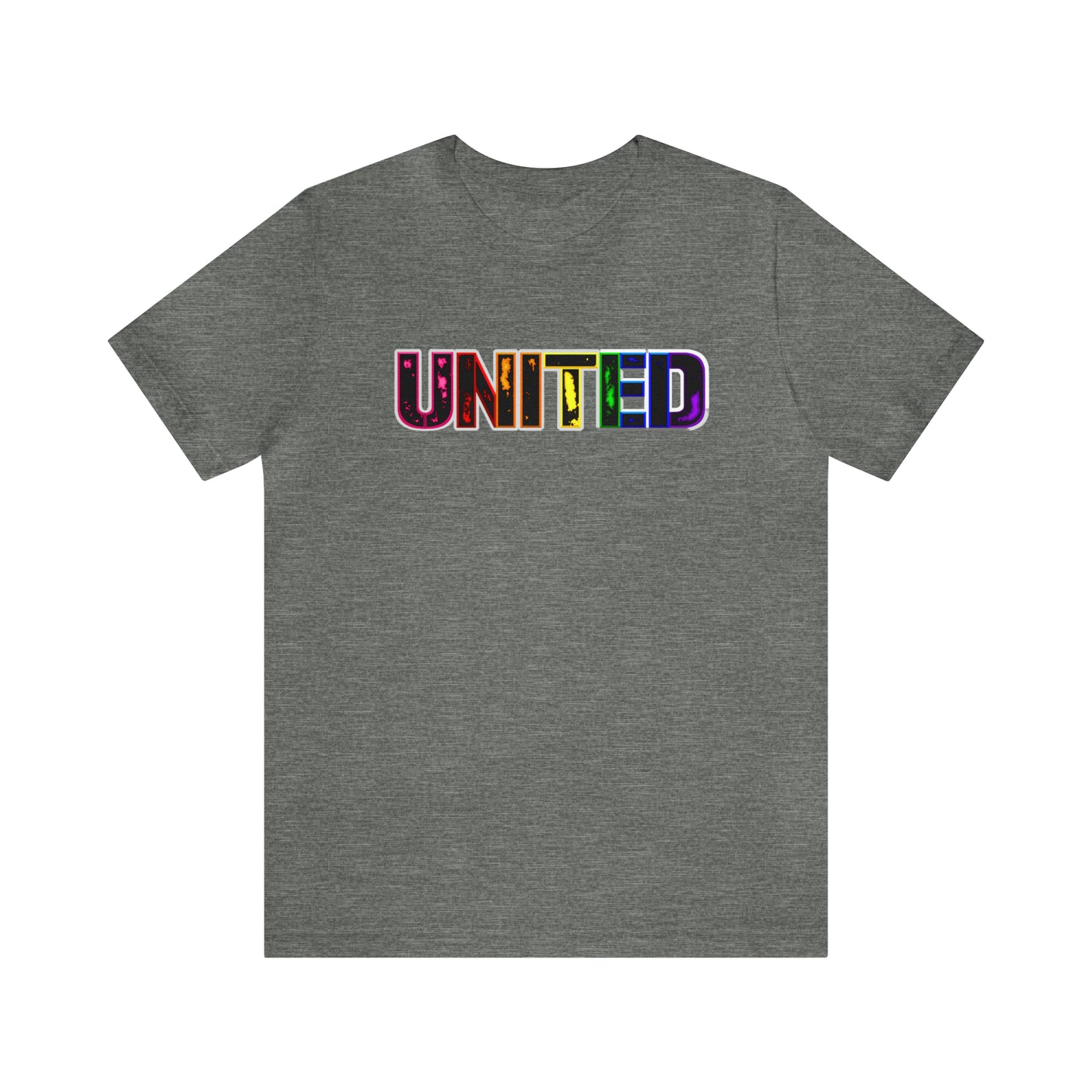 Image of a t-shirt with the word 'UNITED' printed on it in vibrant Pride rainbow colors, symbolizing unity, love, and inclusivity."