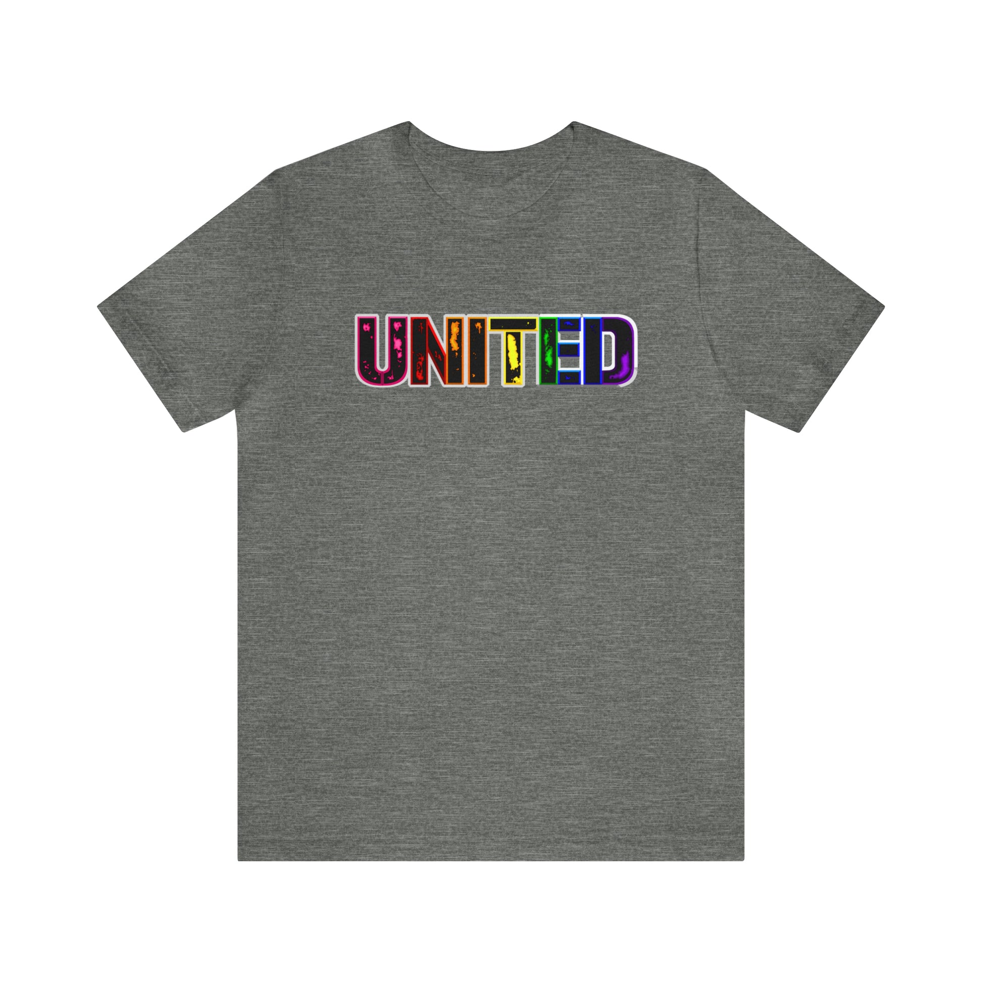 Image of a t-shirt with the word 'UNITED' printed on it in vibrant Pride rainbow colors, symbolizing unity, love, and inclusivity."