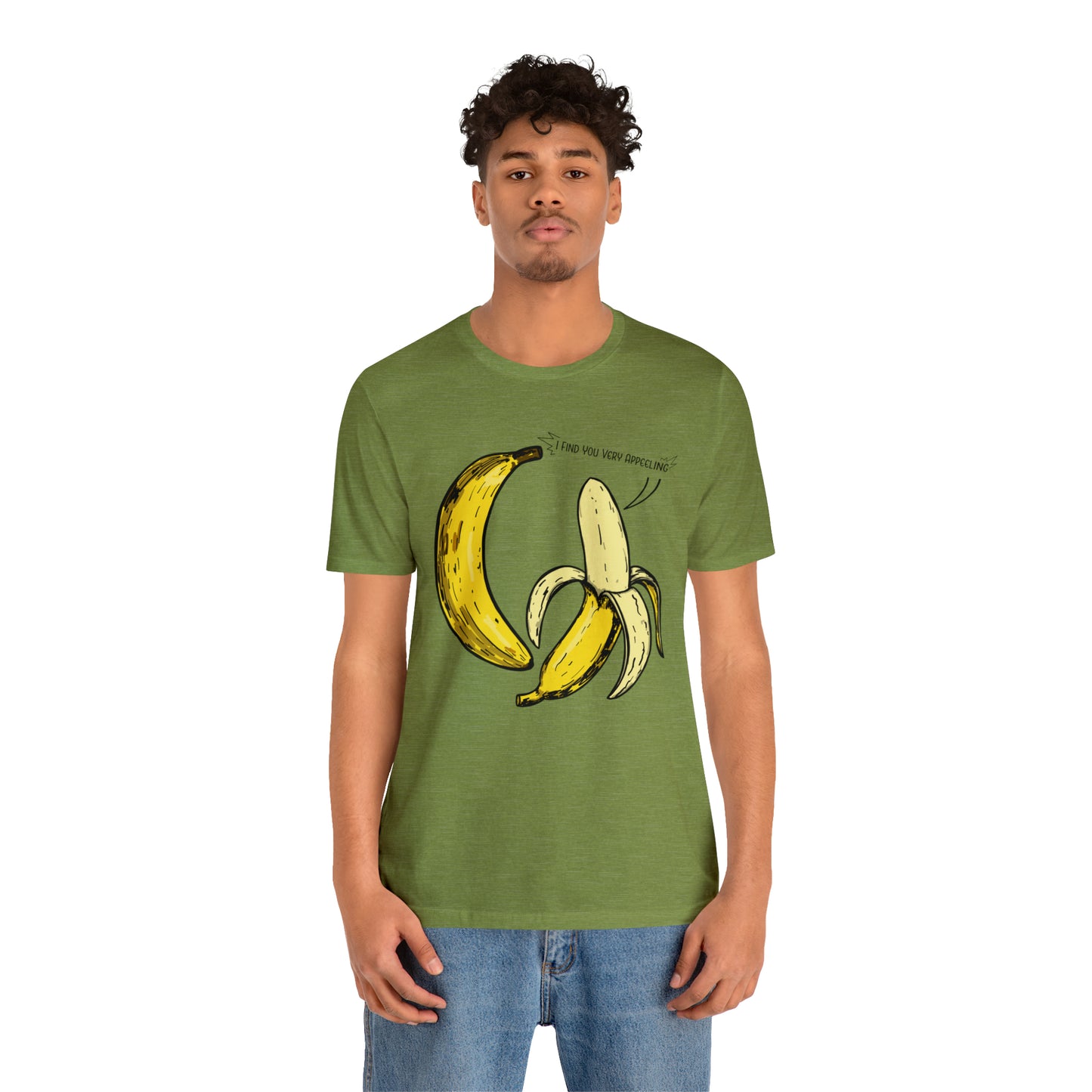 T-shirt product featuring two bananas with the pun 'I find you very appealing'. Get ready to go bananas with this hilarious design that is sure to make everyone smile.