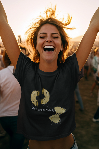 A t-shirt with a playful design of an elbow pasta and a bow tie pasta, forming a pun that says 'I feel overdressed'.