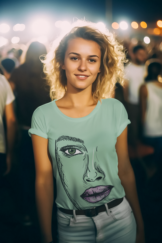 A vibrant and captivating t-shirt featuring an artistic depiction of a beautiful woman. The design celebrates the diverse beauty of women and their empowering presence. The colors and details of the artwork make it a true standout piece. Perfect for making a fashion statement and embracing the beauty within.