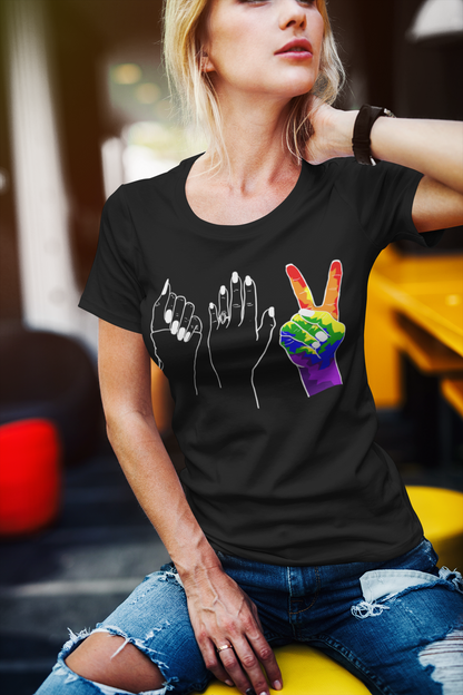 A stylish and playful t-shirt featuring unique line drawings of hands in the iconic shapes of rock, paper, and scissors.